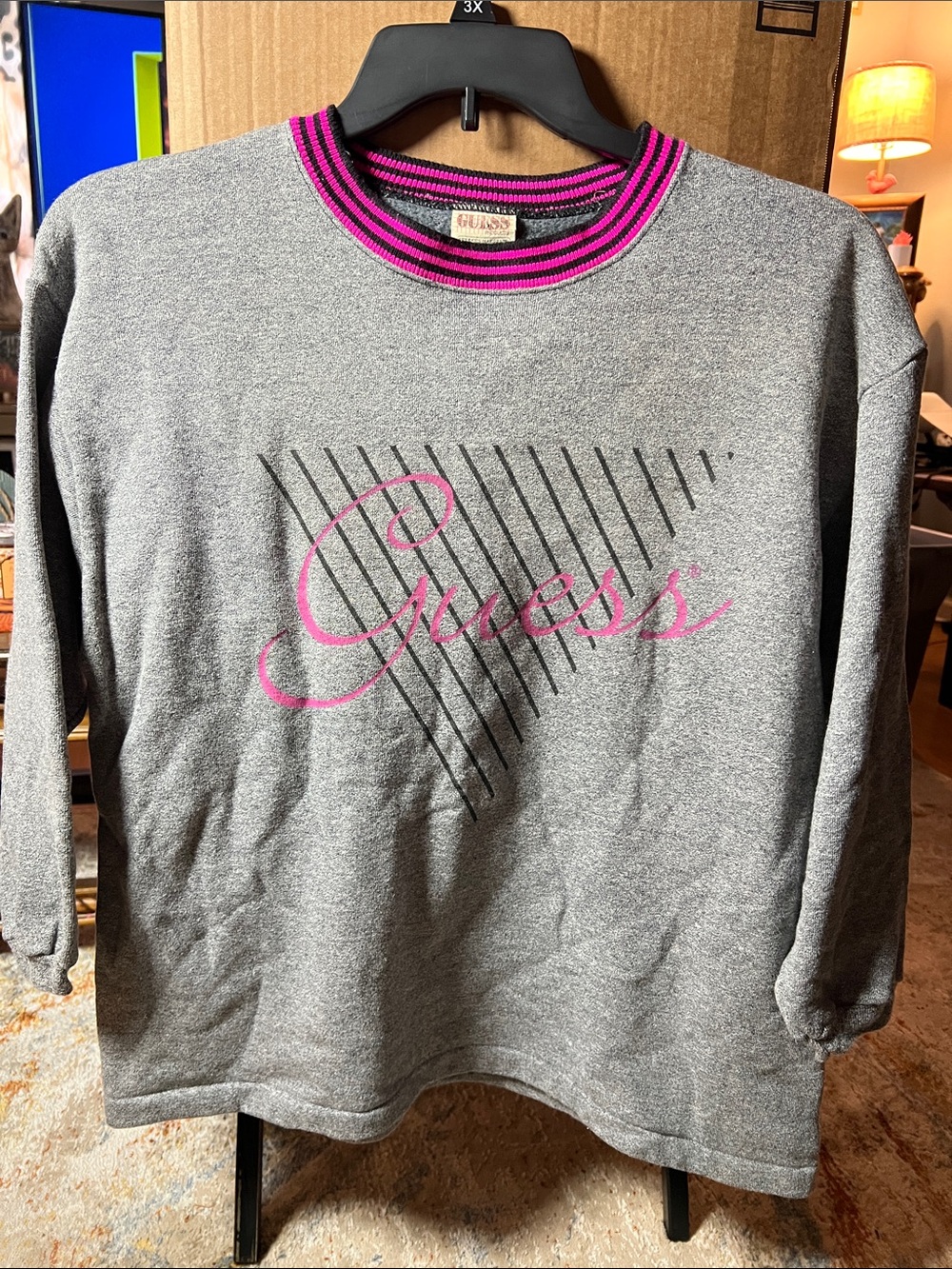 GUESS Gray Sweatshirt with Pink Logo and Striped Pink-Black Crew Neck